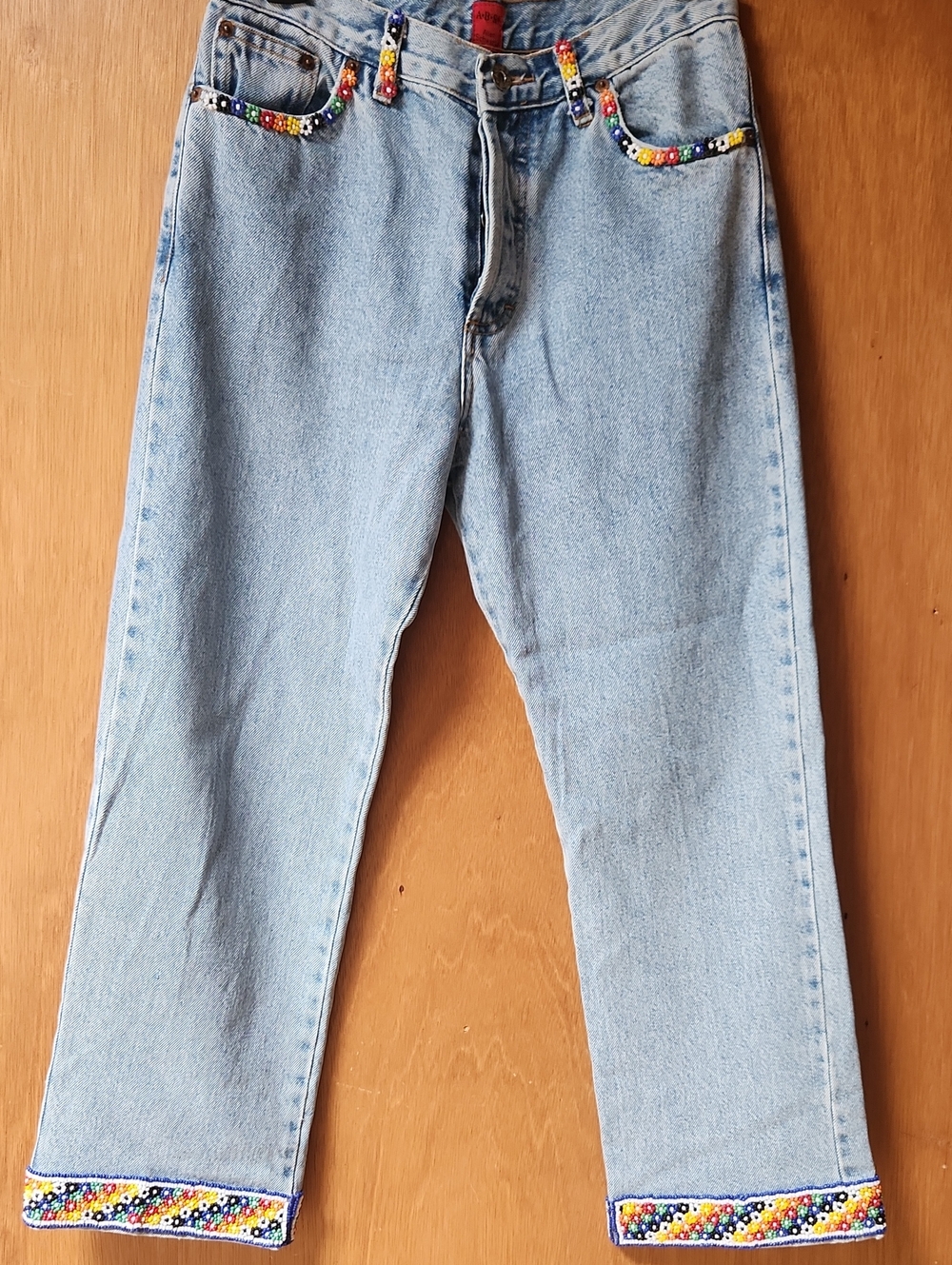 Light Wash Denim Jeans with Multicolor Bead Trim